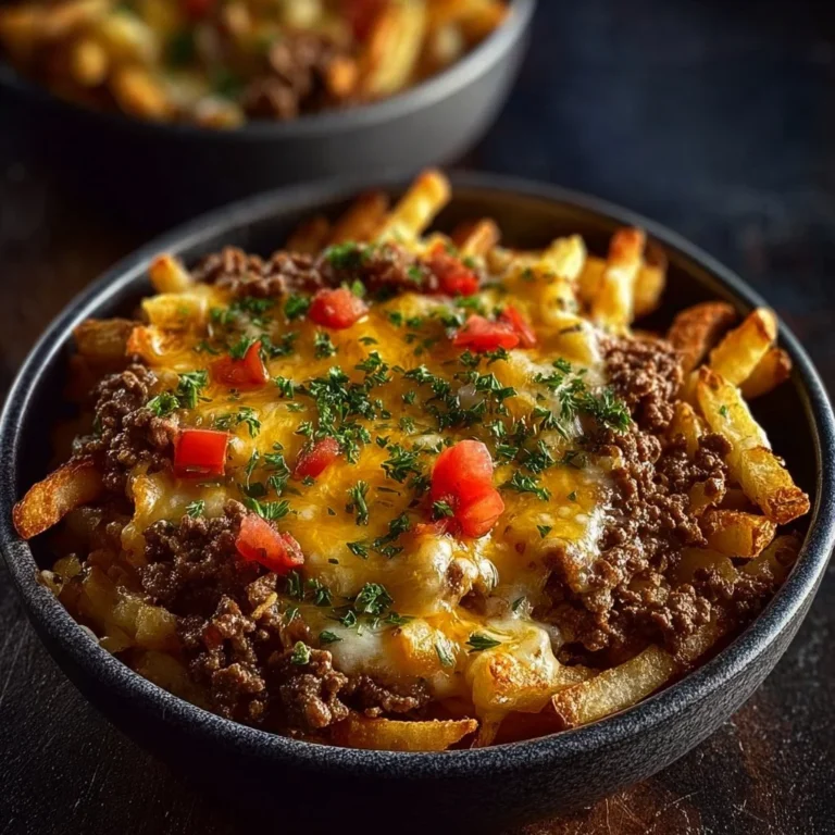Cheeseburger French Fry Casserole in a baking dish, topped with melted cheese.