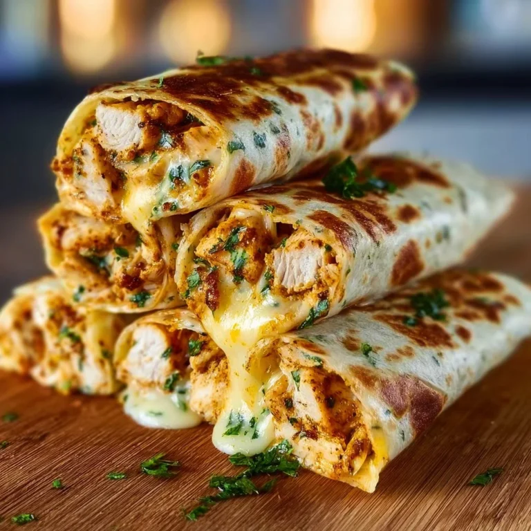 Delicious cheesy garlic chicken wraps served on a plate with fresh vegetables.