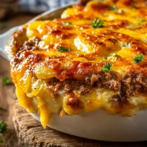 Delicious Cheesy Hamburger Potato Casserole served in a dish