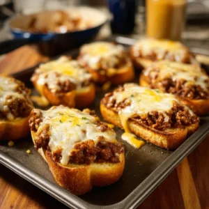 Cheesy sloppy joe toasts with ground meat and melted cheese on toasted bread.