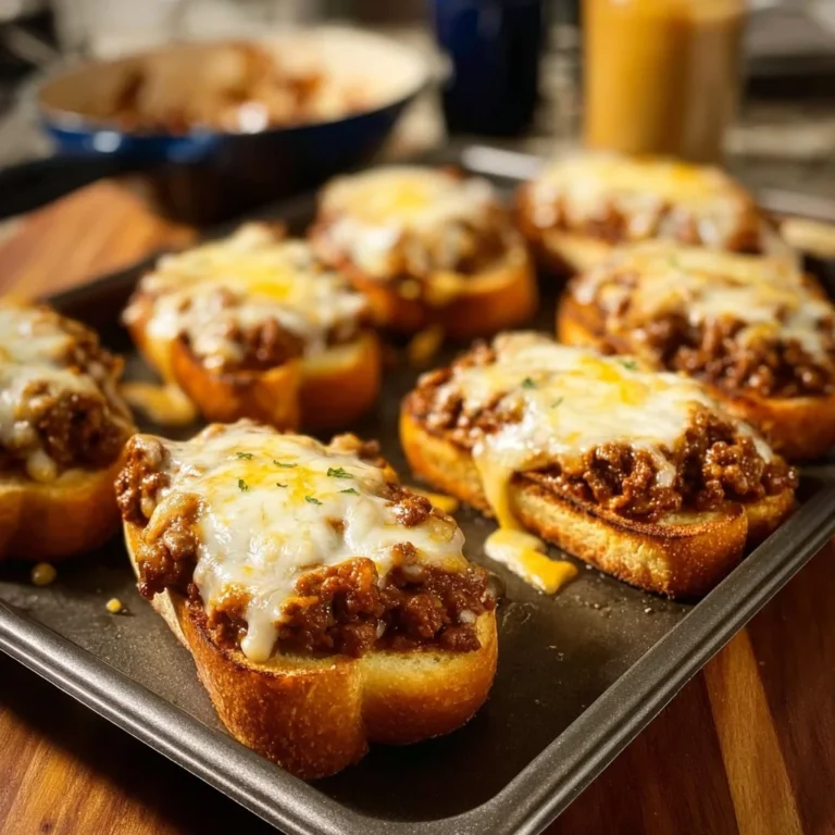 Cheesy sloppy joe toasts with ground meat and melted cheese on toasted bread.