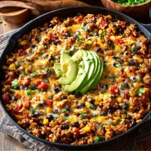 Cheesy taco rice skillet dish with colorful ingredients in a skillet