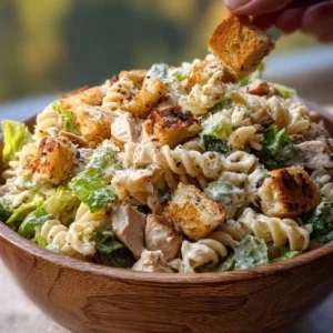 Delicious Chicken Caesar Pasta Salad with grilled chicken and romaine lettuce