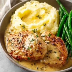 Delicious chicken in white wine sauce served on a plate with herbs.