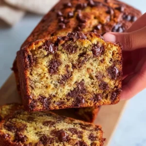 Deliciously moist chocolate chip banana bread slice on a wooden table