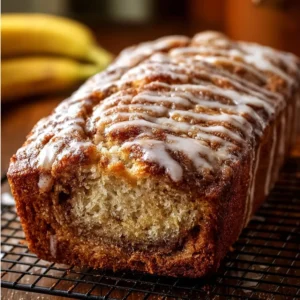 Delicious slice of Cinnamon Swirl Banana Bread with a crunchy topping
