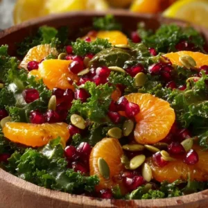 Vibrant Citrus Pomegranate Kale Salad with fresh ingredients and colorful toppings.