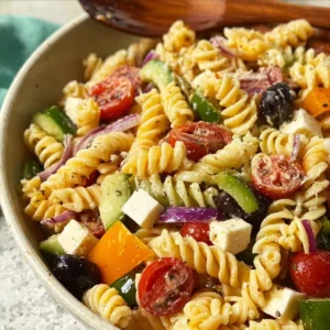 Classic pasta salad with colorful vegetables and dressing