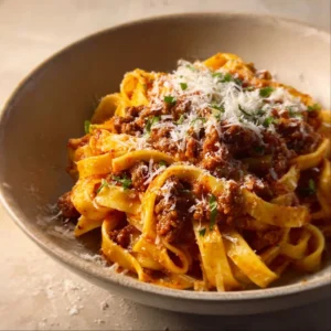 Creamy fettuccine Bolognese with rich sauce and fresh herbs on a plate