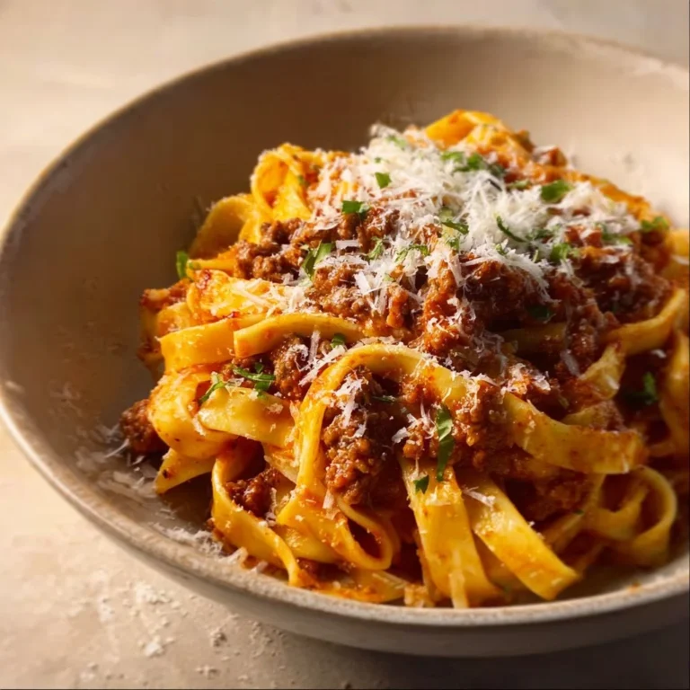 Creamy fettuccine Bolognese with rich sauce and fresh herbs on a plate