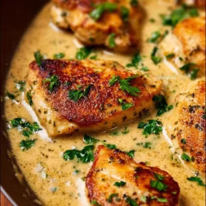 Delicious creamy garlic parmesan chicken dish served with herbs