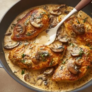 Creamy mushroom chicken served on a plate with herbs and garnishes