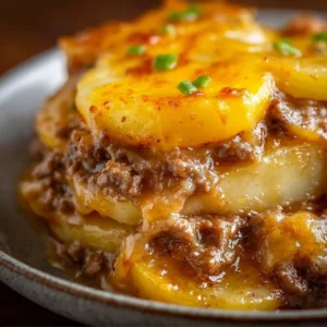 Delicious Crockpot Hamburger Potato Casserole with layers of meat and potatoes