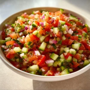 Easiest Shirazi Salad with fresh vegetables and herbs in a bowl