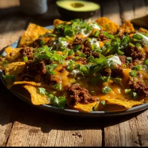 Delicious Easy Cheesy Beef Nachos topped with melted cheese and fresh salsa.