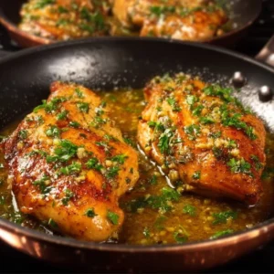 Delicious garlic butter chicken served on a plate with herbs