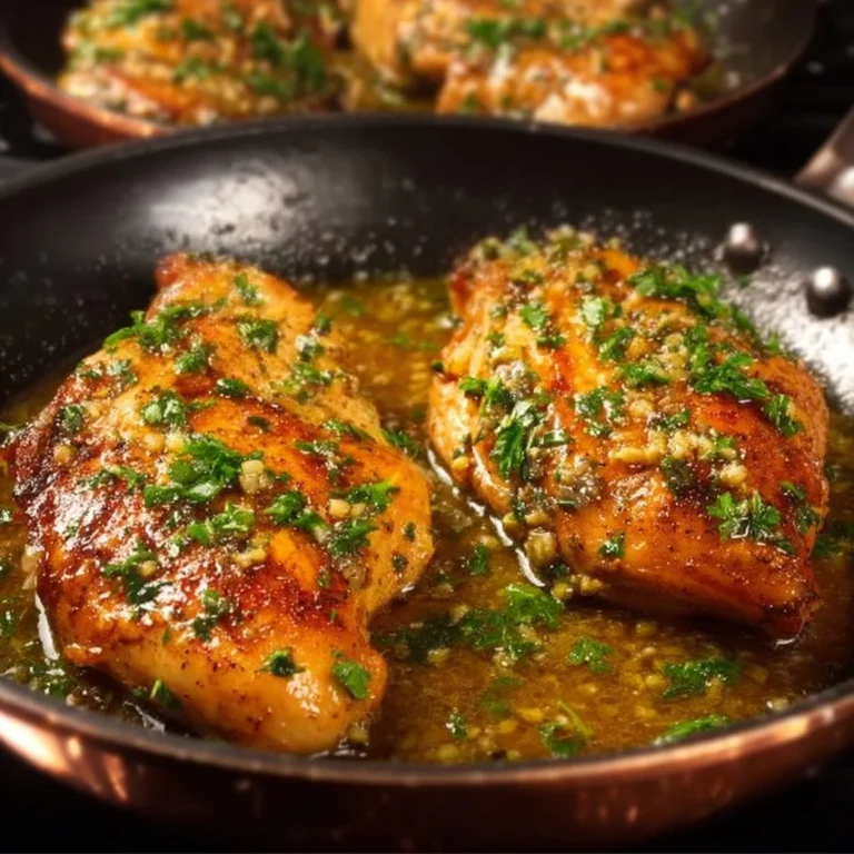 Delicious garlic butter chicken served on a plate with herbs