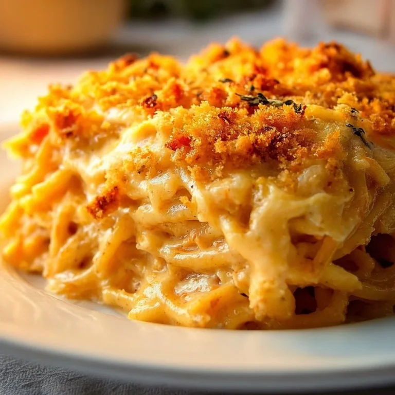 Delicious cheesy chicken spaghetti casserole topped with melted cheese