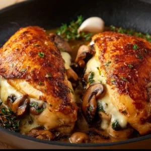 Mouthwatering mushroom stuffed chicken breast served on a plate