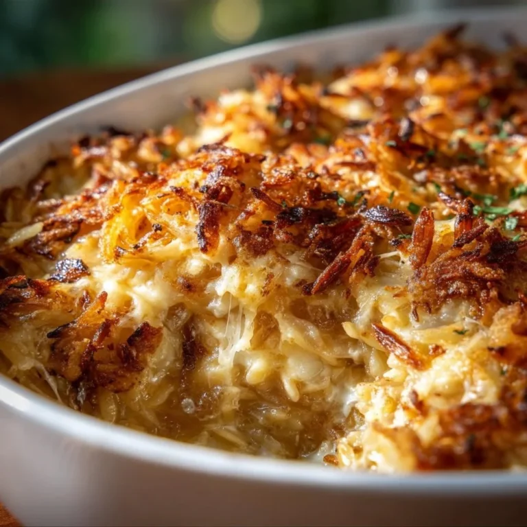 Delicious French Onion Chicken Orzo Casserole topped with melted cheese