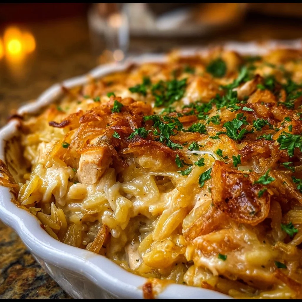 French Onion Chicken Orzo Casserole