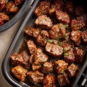 Succulent garlic butter steak bites garnished with herbs on a plate