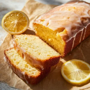 Glazed lemon pound cake loaf garnished with lemon slices and glaze.