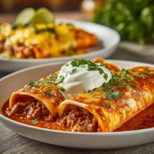 Delicious ground beef enchiladas topped with cheese and fresh ingredients