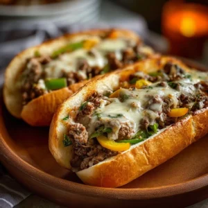 Ground Beef Philly Cheesesteak served on a toasted hoagie roll