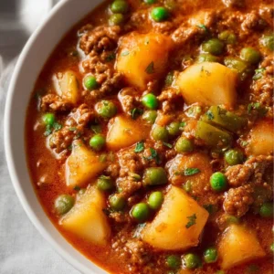 Delicious bowl of ground beef stew with vegetables and herbs