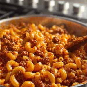 Bowl of homemade Hamburger Helper with ground beef and pasta