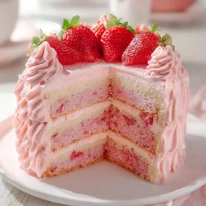 Delicious homemade strawberry cake with fresh strawberry frosting.