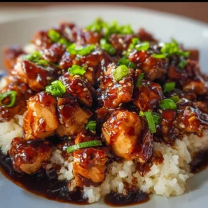 Delicious Honey BBQ Chicken served over rice with a glaze of sweet barbecue sauce.