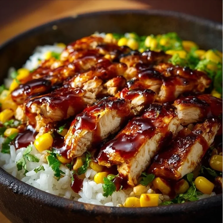 Honey BBQ Chicken Rice Bowl with colorful vegetables on a plate