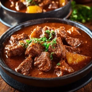 A bowl of traditional Hungarian Goulash garnished with fresh herbs