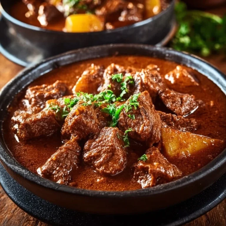 A bowl of traditional Hungarian Goulash garnished with fresh herbs