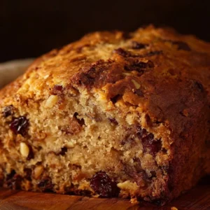 Slice of incredibly moist banana bread on a wooden cutting board