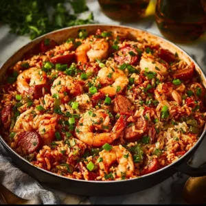 Delicious bowl of jambalaya with rice, shrimp, and sausage garnished with green onions.