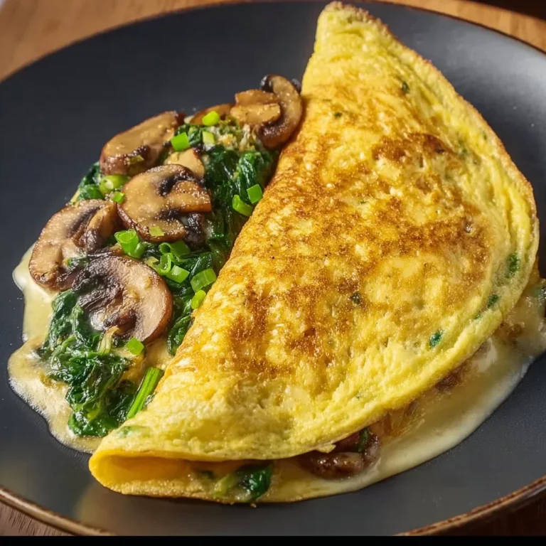 Keto Bacon & Mushroom Omelette served on a plate with fresh herbs