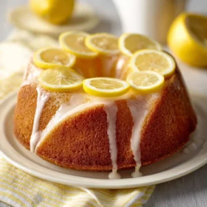 Delicious Lemon Bundt Cake with a golden exterior and lemon glaze.