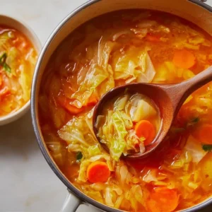 Bowl of low-calorie cabbage fat burning soup with vegetables