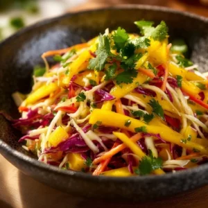 Colorful mango slaw served in a bowl with fresh ingredients