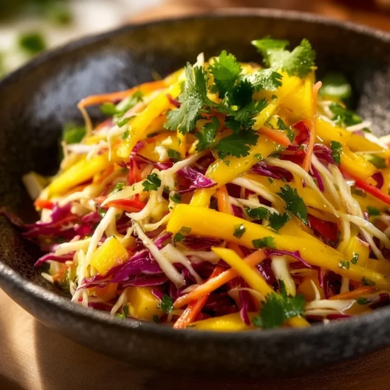 Colorful mango slaw served in a bowl with fresh ingredients