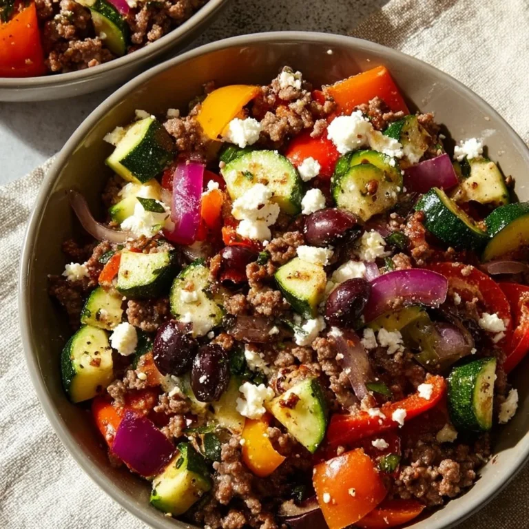 Mediterranean ground beef stir-fry served with vibrant vegetables in a skillet.