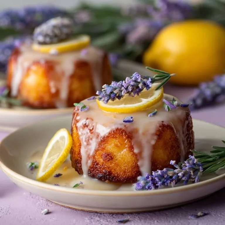 Mini lemon cakes topped with lavender glaze for a delicious dessert.