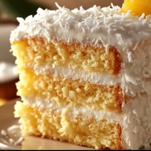 Pineapple Coconut Dream Cake topped with coconut flakes and pineapple slices