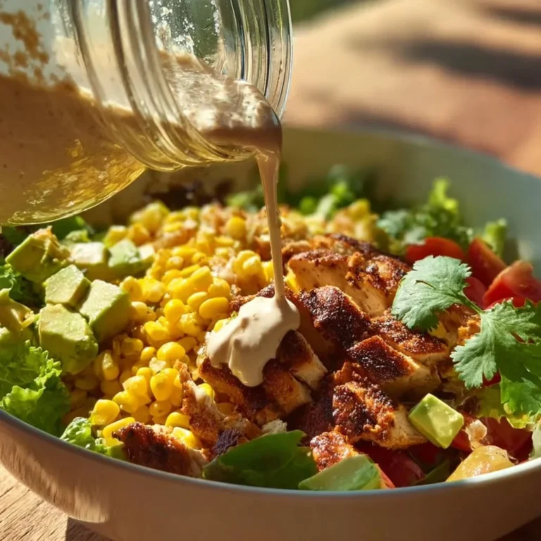 A vibrant Santa Fe Salad with fresh vegetables, beans, and a tangy dressing.