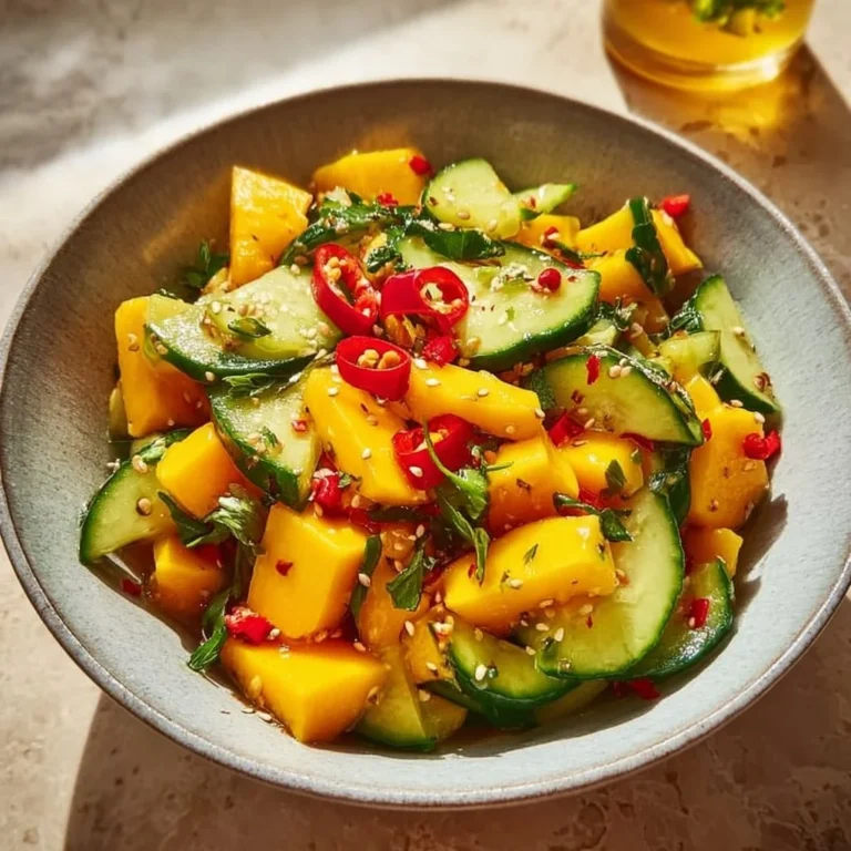 Colorful bowl of Thai Mango Cucumber Salad with fresh ingredients