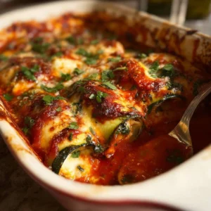 Plate of Zucchini Rollatini stuffed with cheese and herbs