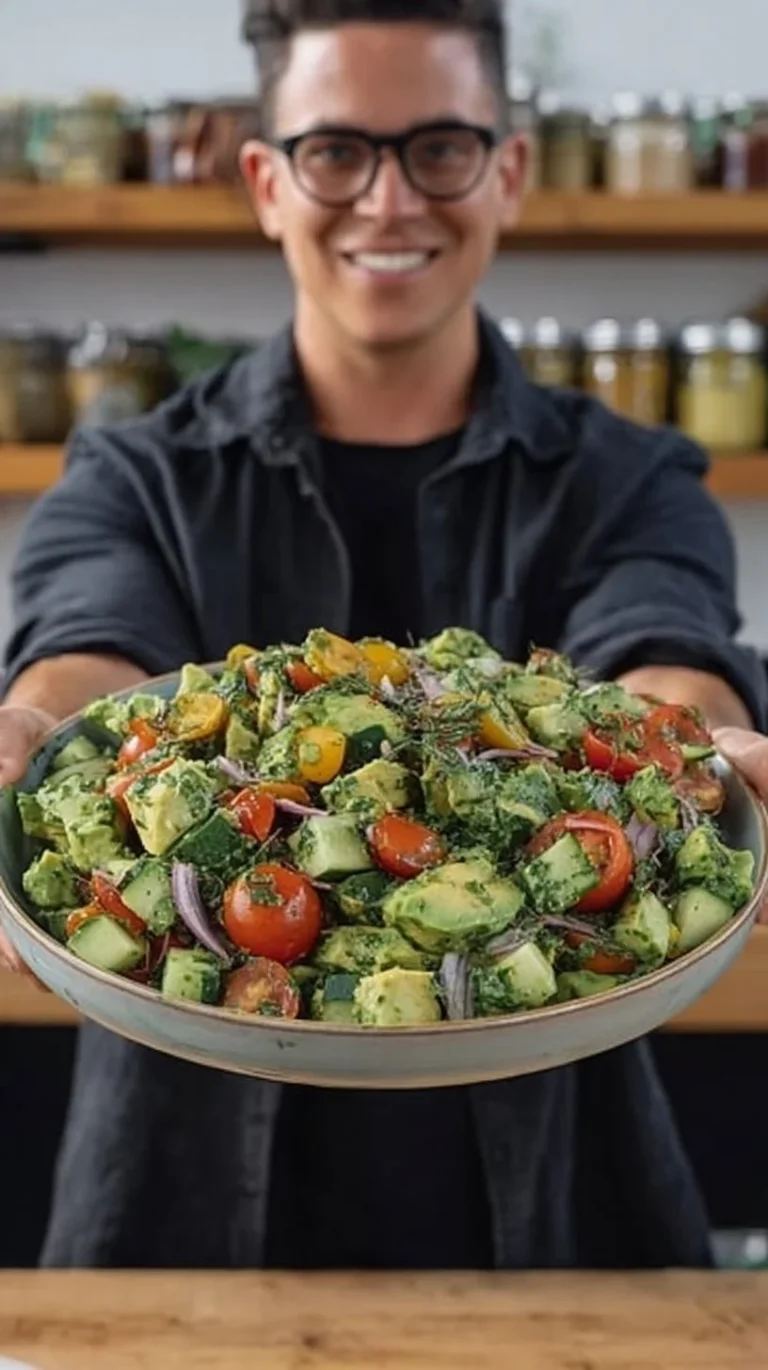 Fresh avocado salad with colorful vegetables and dressing